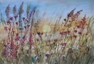 Akwarela Sabina Salamon 27x38pejzaż słońce o zachodzie