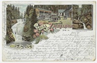 E74 Gruss aus dem Riesengebirge Zackelfall Klamm wczesna LITOGRAFIA 1897 r