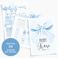 Gry i zabawy na BABY SHOWER + CERTYFIKAT - zestaw PDF do druku BLUE BOW