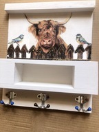 Wieszak na klucze z póleczka - krowa szkodzka i ptaszki