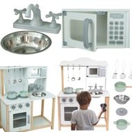 KUCHNIA DREWNIANA DLA DZIECI Z MIKROFALĄ + AKCESORIA ZABAWKA PREZENT ŚWIĘTA