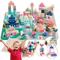 DREWNIANE KLOCKI ZESTAW DROGA MIASTO 115 ELEMENTÓW MATA PUZZLE AKCESORIA