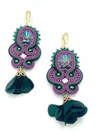 Kolczyki Sutasz z kryształkiem i kwiatkiem - fiolet & butelkowa zieleń