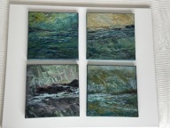 Obrazy olejne „Zielononiebieskie pejzaże -XS” zestaw 4 obrazów 20x20 cm
