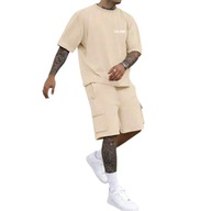 KOMPLET MĘSKI K3K STORE – KOSZULKA + SPODENKI Cargo – BEŻOWY – ROZMIAR XL