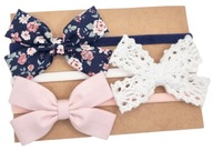 Opaski kokardki komplet dla dziewczynki kwiatuszki biała koronka i róż