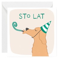 Kartka okolicznościowa Urodzinowa - Pies z trąbką Sto lat - 14x14 cm