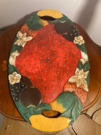 Duża drewniana taca ręcznie malowana – vintage, owalna z uchwytami