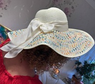 KAPELUSZ DAMSKI TIULOWY PERŁY PERŁAMI PEREŁKI PEREŁKAMI VINTAGE PLECIONY