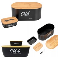 CHLEBAK DREWNIANY BAMBUSOWY CZARNY METALOWY Z MASELNICZKĄ NOŻYKIEM DO MASŁA