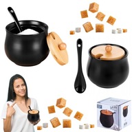 CUKIERNICZKA CUKIERNICA CERAMICZNA BAMBUSOWA POKRYWKA Z ŁYŻECZKĄ CZARNA