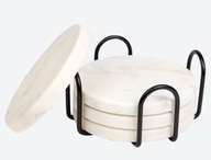 Marmurowe kamienne podkładki białe okrągłe metalowy stojak 4 szt 10 cm