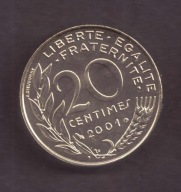 Francja - 20 Centimes 2001 rok - poszukiwany rocznik