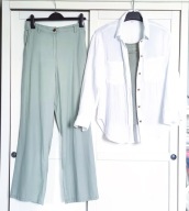 paka zestaw bawełna płótno spodnie oliwka koszula biała top khaki M 38 H&M