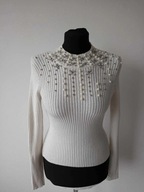 Elegancka bluzka sweterkowa w prążek z perełkami i dżetami 36