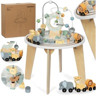 DREWNIANY OKRĄGŁY DLA DZIECI STOLIK EDUKACYJNY Z KOLEJKĄ WYRZUTNIĄ PREZENT