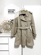 Beżowy płaszcz trencz z paskiem z odpinaną wełnianą podszewką prochowiec