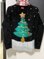 Ś Sweter czerń ciepły puszysty Bożonarodzeniowa choinka złote zdobienia L