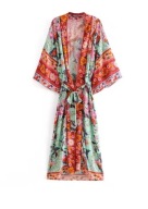 Turkusowe kimono plażowe damskie BOHO – lekkie, przewiewne, kwiatowy wzór