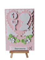 ZAPROSZENIA KOMUNIA DZIEWCZYNKA KLĘCZĄCA KIELICH SERCE B6 RÓŻ - BIEL