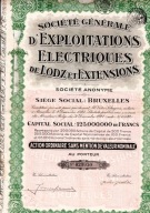 Belgia – akcja Łódź Électricité, 1921, zestaw kuponów 1930–1949