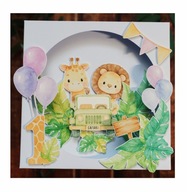Kartka na roczek Safari z lwem i żyrafą, pudełko
