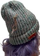 Ciepła, luźna, miętowo-szara czapka, wegańska, handmade, unikat