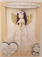 Pamiątka Pierwszej Komunii Świętej w ramce, Anioł Stróż makrama, grawer