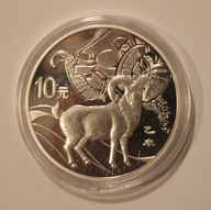ROK KOZY - CHIŃSKI ZNAK ZODIAKU - 10 YUAN CHINY, POSREBRZANY, RZADKOŚĆ