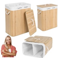 KOSZ NA PRANIE BIELIZNE ŁAZIENKOWY BAMBUSOWY DWUKOMOROWY Z POKRYWA 100L
