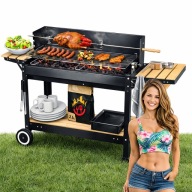 GRILL WĘGLOWY OGRODOWY DUŻY NA KÓŁKACH STAL 5W1 OTWARTY WIATROCHRON PÓŁKI