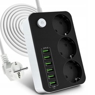 Przedłużacz Listwa Zasilająca Sieciowa 3 Gniazda 230V 3M 6x USB Ładowarka