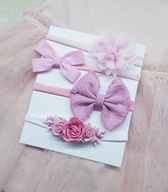 Zestaw opaski kokardki oraz opaska z różyczkami chrzest urodziny sesja