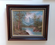 Piękny obraz olejny pejzaż górski z chatką nad rzeką duży 82cm/72cm - 1z2 B