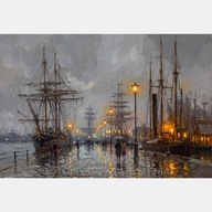 Port statki żaglowe żaglowce obraz olejny na płótnie 55x80 ciemny brąz art