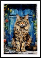 KOLOROWY PLAKAT A2 KOTY SIEDZĄCE POD DRZWAMI, AKWARELA, BURY KOT MAINE COON