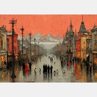 Stare miasto góry Alpy rynek ludzie i pingwiny obraz olejny brązowy 58x85