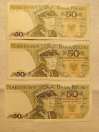 Stare banknoty 50 zł - serie KA, KF, HR, 1988 r