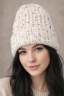 Ręcznie robiona, zimowa czapka z cekinami Beanie. Handmade, wywijana długa