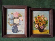 Ręcznie malowane kwiaty - dwie stare polskie miniatury olejne