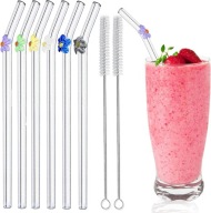 Wielorazowe szklane słomki z kwiatami 6 szt. długość 19,5cm