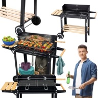 GRILL OGRODOWY WĘGLOWY DUŻY XXL ROŻEN PÓŁKI STALOWY 5W1 MOCNY NA KÓŁKACH