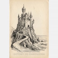 Zamek na skale szkic vintage obraz na płótnie 55x80 ołówek ocean wyspa art