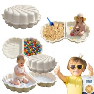 DUŻA BEŻOWA MUSZLA Z POKRYWĄ, PIASKOWNICA, BASENIK + PIASEK 20KG + GRATIS