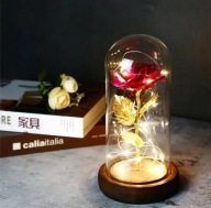 WIECZNA RÓŻA W SZKLE ŚWIECĄCA LED CZERWONA ZŁOTA KWIAT