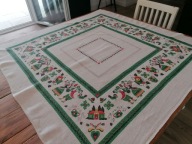 LNIANY NATURALNY OBRUS DOŻYNKI KOGUCIKI STROJE LUDOWE 135 x 138