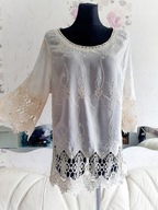 BLUZKA BOHO ROZKLOSZOWANE RĘKAWY KREMOWA AŻUROWA haftowana ażurowa wzory