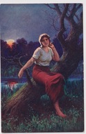 Dziewczyna tęsknota zachód słońca staw las ok.1917r. Ad. Liebscher