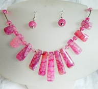 Różowy agat pajęczy, naszyjnik - kolia i kolczyki w srebrze, zestaw