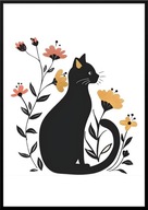 A2 KOLOROWY OBRAZ PLAKAT Z KOTEM, CZARNY KOT NA TLE POLNYCH KWIATÓW